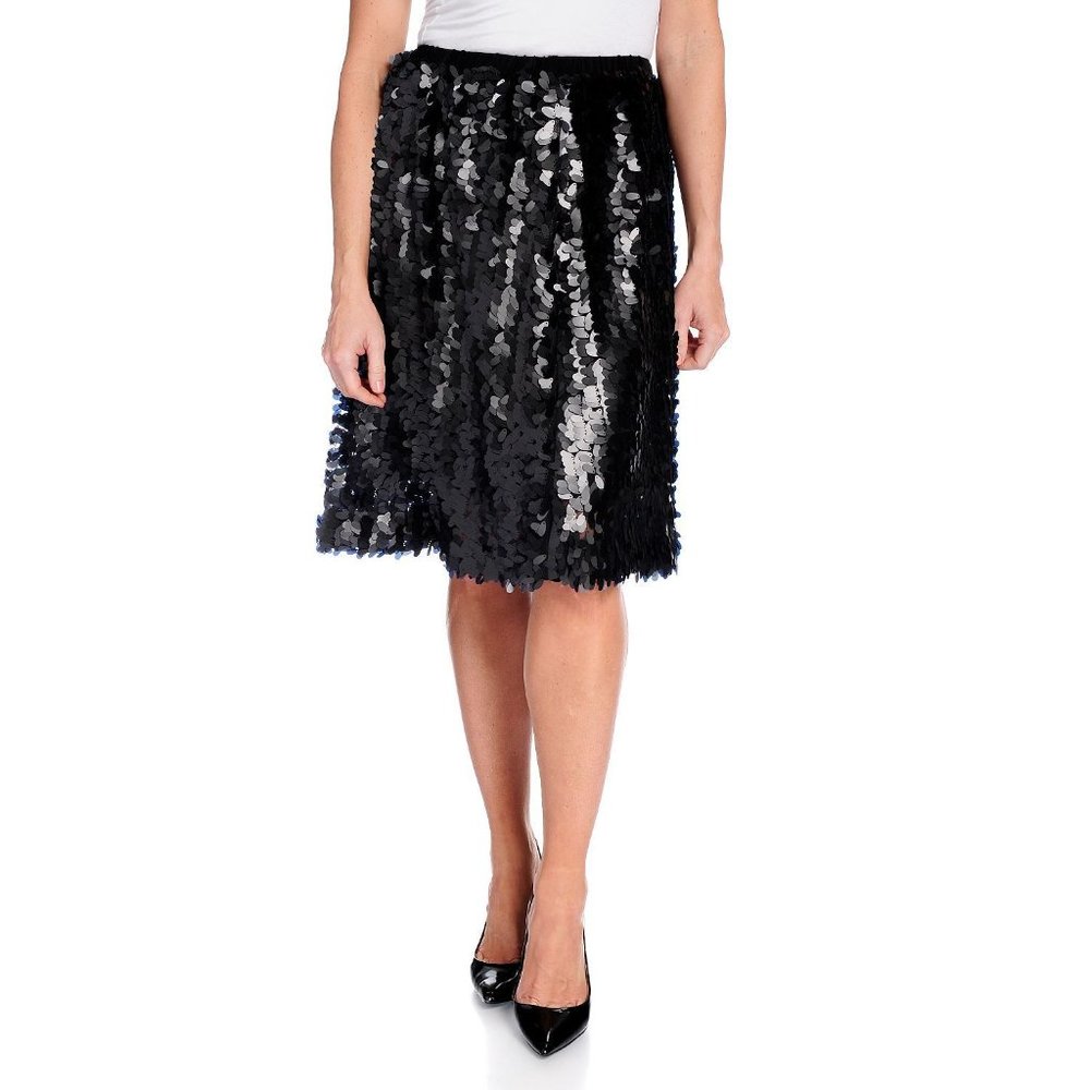 Black Matte Sequin Festive Holiday Midi Skirt - Picture 2 of 6